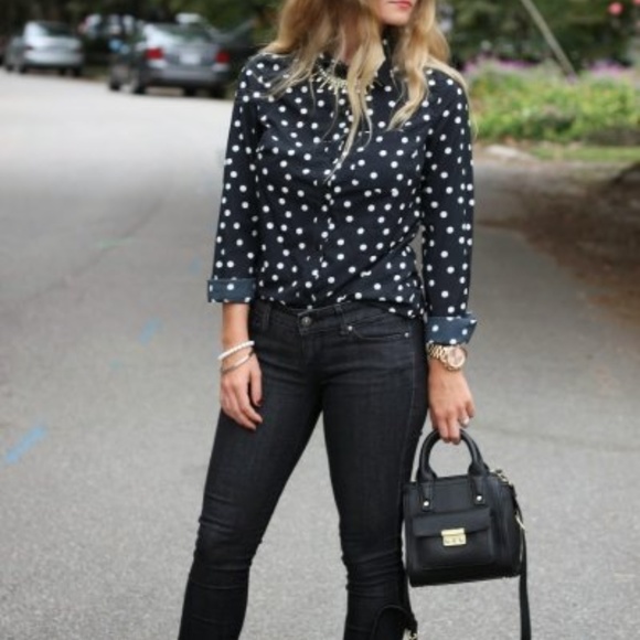 black and white polka dot shirt outfit